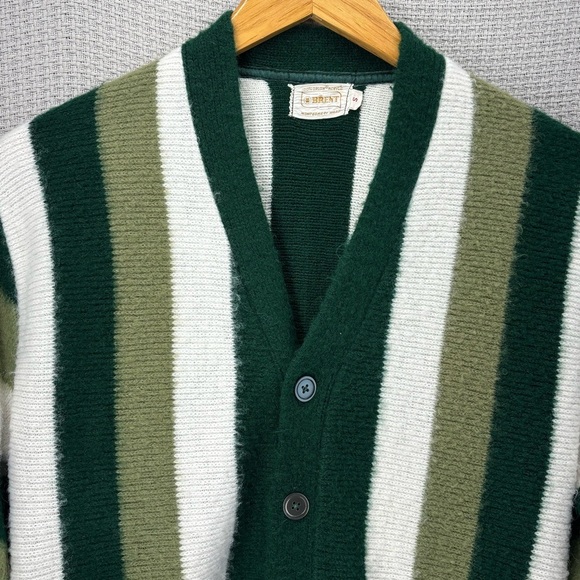 Vtg 60s Brent Montgomery Ward Cardigan Sweater Men S Green Striped Mohair Wool - Picture 3 of 10